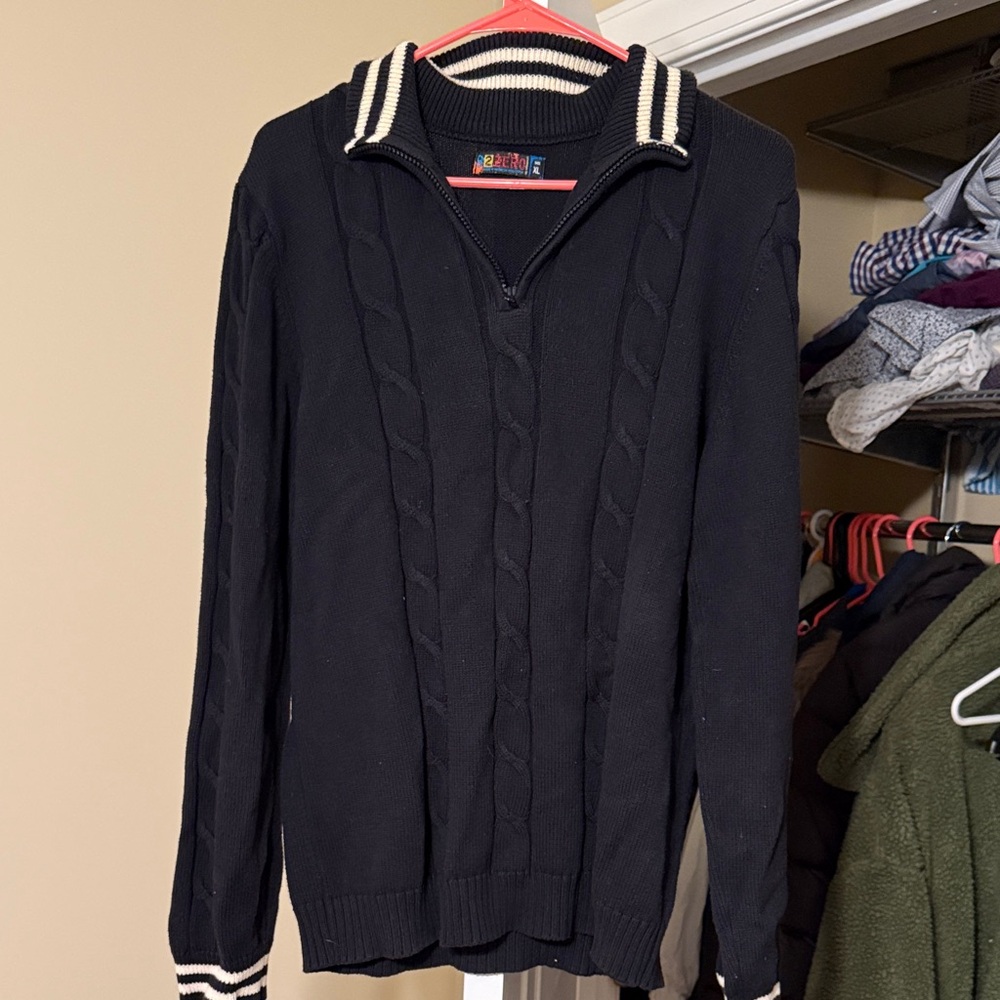 greendog Navy Cable Half-Zip Sweater with Striped Collar